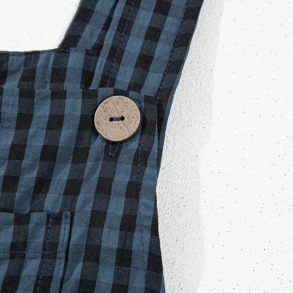 B243 Sail Blue Plaid Print Buttoned Pocketed High Waist Overall - Picture 15 of 16